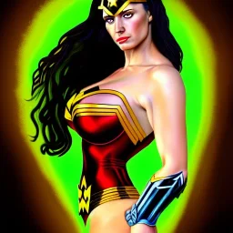 ultra detailed portrait of busty beautiful Wonderwoman , wearing a bikini plate armor, extremely detailed digital painting, extremely detailed face,crystal clear green eyes, in the style of robert e howard and pablo oliveira and Ken Kelley and Gustav Klimt ,mystical colors,perfectly centered image, perfect composition, rim light, beautiful lighting,8k, stunning scene, raytracing