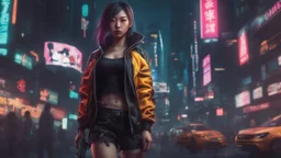 4k, hyper-realistic, Ultra-HD, Ray-tracing, cyberpunk, cybernetics, Asian, Female, short, jacket, carrying pistol, hacker, night time, bright signs, lively city, desktop wallpaper, cute