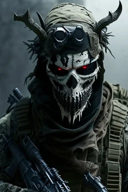 A soldier in the game modern warfare, he wears a skull mask with horns that covers his eyes. The lower half of his face is covered by a mask with a bloody fanged grin. He is a sniper, but can also run point. His call sign is Wraith. Couple