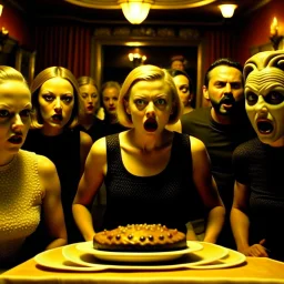 Movie shot, spooky, ultra realistic distress, giant, macabre ritual dining, mask, ultra realistic hot woman, pieces of meat silver organic dynamic anguish, excited and lively scene, hot women, hypermaximalist figures, creepy, Alfred Hitchcock, Sam Raimi, insanely detailed, sinister, ornate