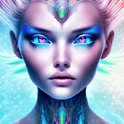 Face Angel crystalline,blond hair, blue eye ,pink , cosmic, opalescent, gemstones, crystals, other worldly,water,bright, ice background, snow lake blue