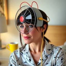 homemade contraption, repurposed desk fan with wires sticking out of the back attached directly to the face of a English woman with dark straight hair and bangs' face, thick rubbery bungee cords wrapped around her head hold the fan in place, yellow coffee mug sitting on nightstand, silk pajamas have small dalmations in a pattern
