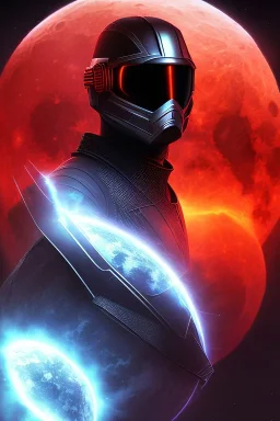 Portrait of a dangerous Futuristic warrior, dark scenery, red moon, dark, black,