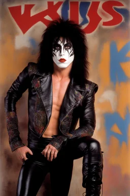 text 'KISS' - head and shoulders portrait, KISS 20-year-old Paul Stanley, black spandex and leather, 8-inch high platform boots, - a multicolored cement wall in the background,