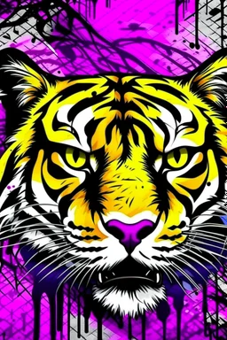 Tiger Graffiti background on a brick wall, black, yellow, purple, pink. girl