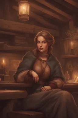 DnD style, medieval beautiful woman dressed in warm winter clothes sitting in a tavern