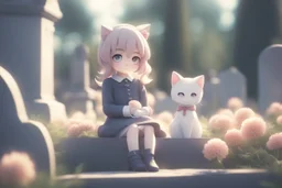 cute chibi anime cat girl in the graveyard, sadly sitting next to a grave, flowers in her hand in sunshine, ethereal, otherwordly, cinematic postprocessing, bokeh, dof