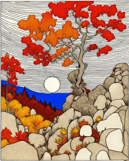Autumn colors, peaceful, Egon Schiele, Max Ernst, night sky filled with galaxies and stars, rocks, trees, flowers, one-line drawing, sharp focus, 8k, deep 3d field, intricate, ornate, one million strokes