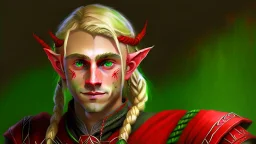 A young elf with blond hair in a single braid, green eyes and a small smile. He is dressed in an artist's costume mixing red and black as the main color.