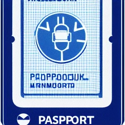 full view of a flattened vector image icon of an passport card with photo, blue color palette, transparent background.