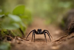 Captivating viewers with a touch of arachnid mystery, capture a realistic professional and marketing photoshoot featuring a majestic spider on a winding woodland path.
