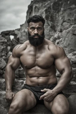 full figure shot photography of a burly ugly 30 year old italian boxer with big broken nose, very long muslim black beard, muscular beefy man shirtless, manly chest, big shoulders, short hair, bulge, photorealistic