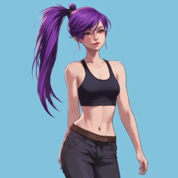 a pretty girl, skinny, relaxed, tank top, purple hair, ponytail, stylised, digital art