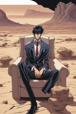 Nicholas Wolfwood Trigun is sitting on a couch in the middle of the desert