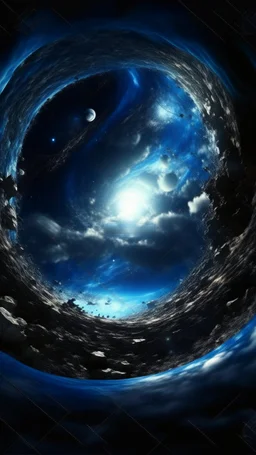 Earth view from a distance, a lot of Intelsats orbiting around Earth, Hole apocalypse wipes out Universe. Cold blue cloudy hole collision explodes in outer space.a shape of devilish dark body with hood in the hole like sucked in side Epic galaxy , Cinematic interstellar