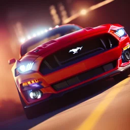 ford mustang, city. high speed. bokeh. lens flare. warm lights. high detailed