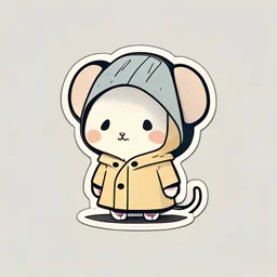 sticker style, cute mouse In a raincoat, low detail, fewer colors, chibi, very simple,white border, minimalism