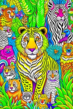 A captivating cover for a coloring book designed for 10-year-old kids, showcasing a vibrant world of animals waiting to be brought to life. The cover features a stunning array of animals, including majestic tigers, playful pandas, curious giraffes, adorable sloths, and colorful parrots. Each animal is depicted with incredible realism, capturing their textures, expressions, and unique features.--ar 2:3 --v 5 --q 2 --s 250.