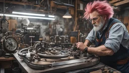 A brilliant clockmaker with wild colored hair in a work shop, 8k, high quality, trending art, trending on artstation, sharp focus, studio photo, intricate details, highly detailed, by tim burton