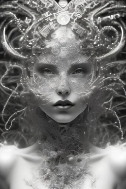a black and white double exposure photo of a woman's face, an ultrafine detailed air brush painting by Hajime Sorayama, Kyle cooper, and Dan Hillier, cgsociety, dark erotica, avant garde gothic androgynous, mixed media, dystopian art, cosmic art, analog horror, nightmarefuel, hauntingly beautiful, beautifully ominous, sharp and razor focused in stunning HD, world class art, unique, modern masterpiece, exceptional, exquisite, dark fantasy, grime, neoism, apocalypse art, calotype