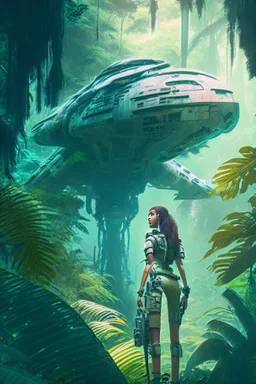 futuristic woman standing next to a large spaceship, in a jungle clearing