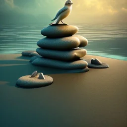 beach, stone sculpture and birds, water, reflection, movie poster, fantasy art, misty