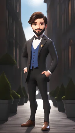 A young brunette boy with a beard in a suit, prince, front view, detailed face, short brunette hair and brown eyes, beautiful cartoon character, disney cartoon, prince doll portrait, beautiful face,full body shot, disney prince, 3d, high quality, 4k