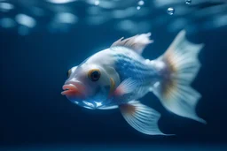 Please artistic photograph of an inverted, distorted porcelain fish in a watery ocean. Create a close-up, foggy, chromatic technicolor, and dreamlike atmosphere. Consider using lenses like sigma 85mm f/1.4, 15mm, or 35mm. Opt for high resolution (e.g., 4k, 8k, HD). Experiment with smears of primary color on the film. Thanks.