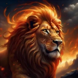 I would like a lion with a crown, a fire a background and majestic clouds and acid rain mixed in with the fire background and the lion looking forward