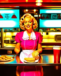 Create a hyper-realistic, photo-realistic 8K image in a 2.39:1 ultra-wide cinematic aspect ratio, captured with a Phase One XT IQ4 150MP medium format camera using a Schneider Kreuznach 80mm LS f/2.8 lens, set in a glowing 1950s-style drive-in snack bar during golden hour, with warm sunlight casting long shadows and neon lights beginning to flicker on. Marilyn Monroe is styled with her iconic platinum curls and red lipstick, wearing a retro pink waitress uniform with a frilly apron, balancing a