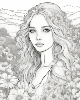 a coloring page in the outline ink style: the close-up face of an adult italian girl with blond long hair surrounded by flowers, leaning towards the viewer, with a natural landscape in the background. In the style of Tim Burton, black graphic outlines, without gradients, in a rough style