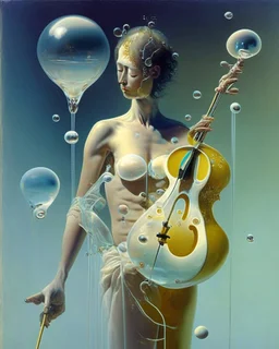 human body, universe-like Soap Bubble,complex surgical instruments mixed with human body-like musical instruments,symbolism,surrealism,minimalism,Painting By Adrian Ghenie, Rene Magritte, Salvador Dali, Lucian Freud