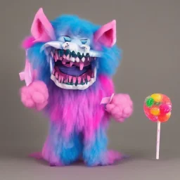 cotton candy werewolf with candies and lollipops, sharp teeth, evil