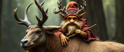 a gold ginger fluffy gnome kobold stag gremlin that looks like the opposite of a vampire in bunad leaning on an elk, holding his horns