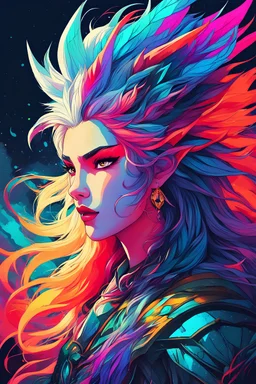 A dragon mixed with a mythical lion and a human female elf.Dramatic and powerful look and feel. Extensive attention to details. Bold lines. Vivid colors. 80s style retro anime art. Double exposure. cartoon style.