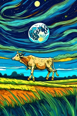 una vaca saltando en la llanura pampeana argentina bajo una luna brillante al estilo van goght