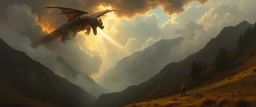 master oil painting by Rembrandt, farmer in valdres below raging dragon, light beams through volume fog sky in mountain pass, dragon cast spells of lightening