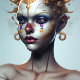 clown girl,beautiful real skin, symmetrical, soft lighting, ultra detailed face, concept art, digital painting, looking into camera, octane render, art by artstation