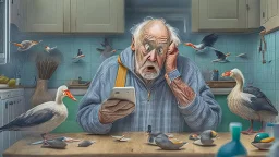 confused older man using cellphone in his kitchen telling the ducks and geese that surround him to "go away"