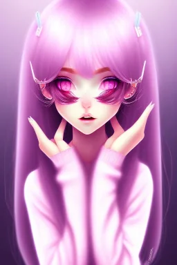 girl, cute, beautiful, big nose, pink hair, long hair, blue eyes, black sweater, long eyelashes, yandere, closed mouth