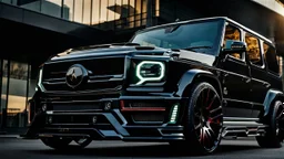 A (((G-Wagon mustang))) featuring a luxurious interior, advanced technologies, and a sleek body kit designed by MANSORY, front cinematic view on road in morning
