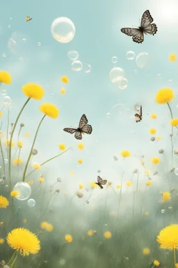 Butterflies and bubbles going up to the sky through a field of dandelions