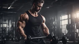 Hyper Realistic muscular-handsome-man-with-black-tank-top training-in-dark-gym with dumbbells & other gym-machinery with dramatic-&-cinematic-ambiance