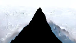 looking up at a single sharp narrow mountain, the peak obscured by clouds and fog.