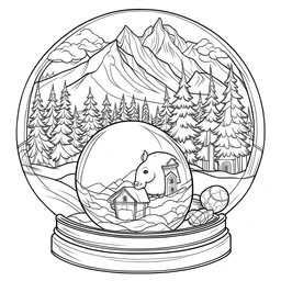 outline art for square snowy winter landscape Christmas Festive Snow Globe coloring page for kids, classic manga style, anime style, realistic modern cartoon style, white background, sketch style, only use outline, clean line art, no shadows, clear and well outlined