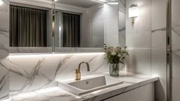 interior of a modern luxury bathroom from a frontal perspective, features an elegant white marble sink, accompanied by a matte ixox faucet, includes a large mirror with a stainless steel filigree that reflects the opulent decoration of the room, the floor and the Walls are finished in large white and gray veined marble tiles, adding to the luxurious aesthetic, soft LED lighting is integrated into the ceiling and behind the mirror, projecting a warm and bright ambiance. Lighting throughout the sp