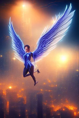 A flying angel over the tall buildings in a city at deep blue night.