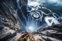 at the base of the rocky mountain peninsula, a great whirlpool waterfalls into deeper unknown depths