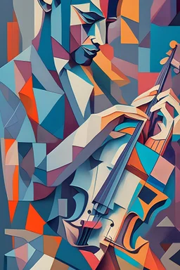 A captivating, cubist-inspired portrait of a musician playing their instrument, using fragmented shapes, lines, and a harmonious color palette to deconstruct the subject's features and express the rhythm and emotion of their music.