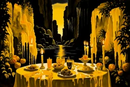 ochre caricarure of dinner in candlelight, double exposure waterfall landscape at night